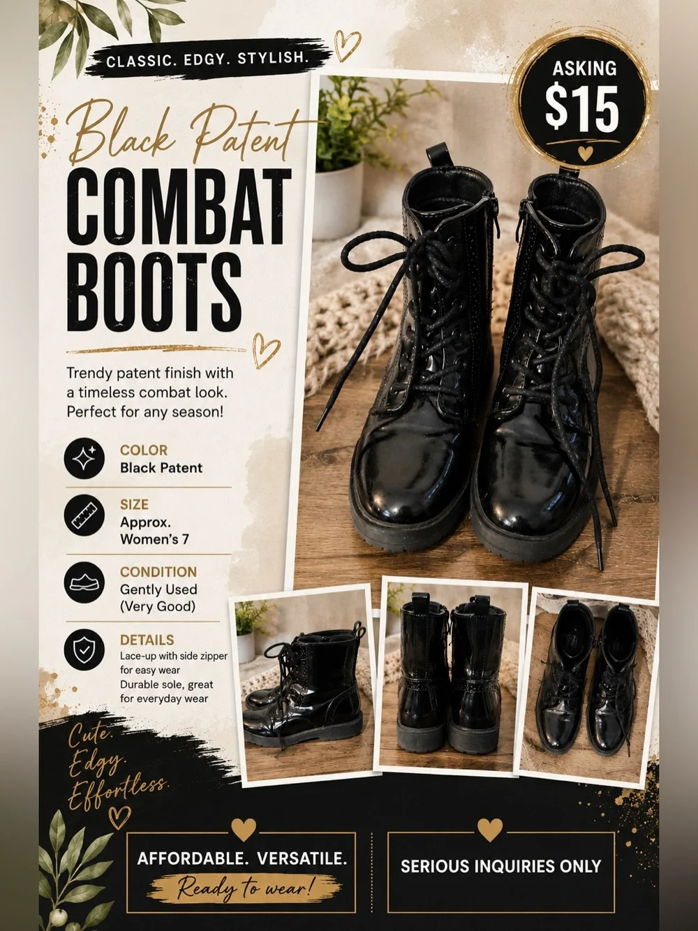 🖤 Black Patent Combat Boots – Women’s Size 7 – $15